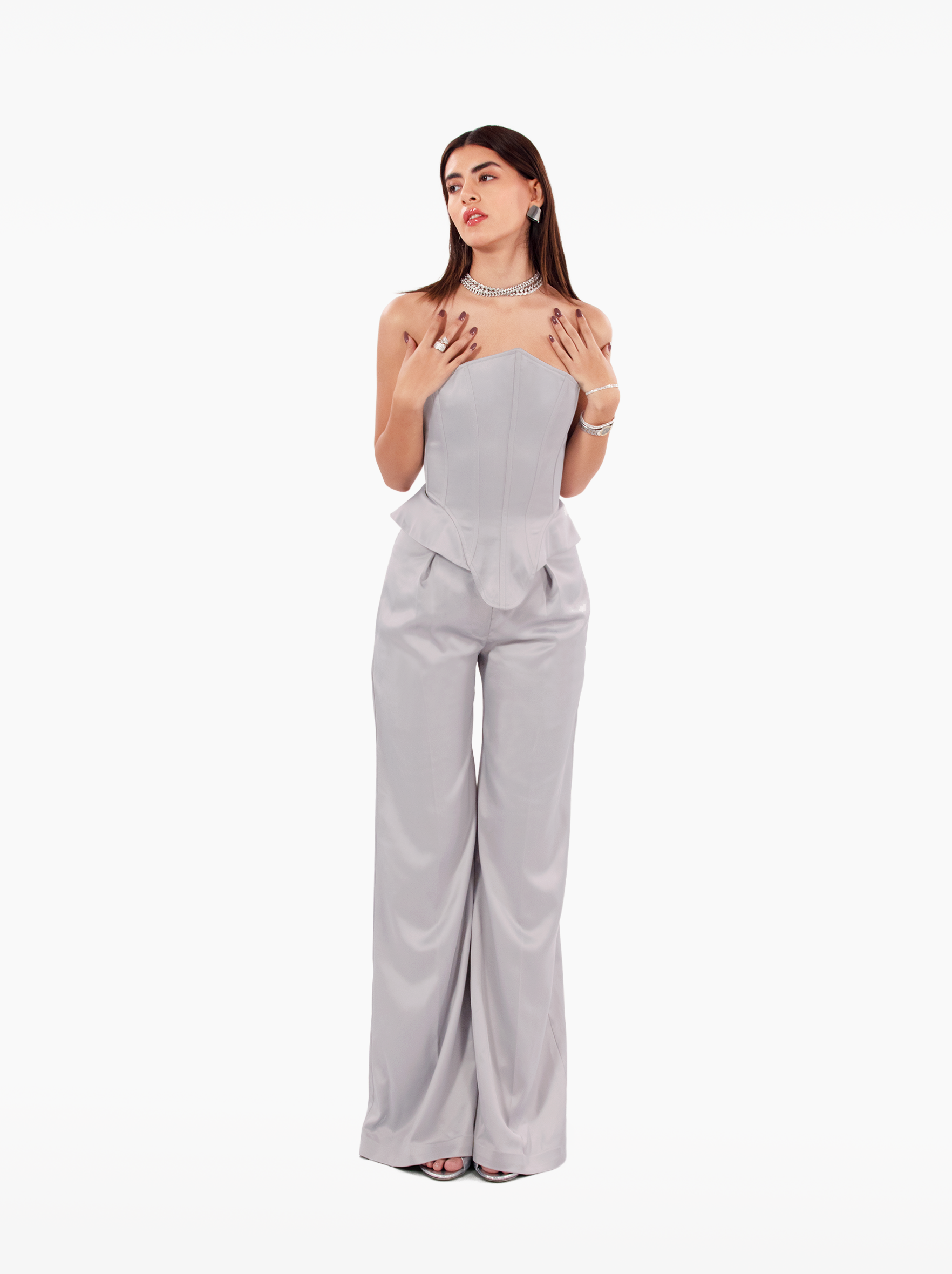 instant crush trousers - silver grey wide leg satin high-waisted trousers with front pockets, birthday, party, formal, dinner, date outfit - SOLÉITE