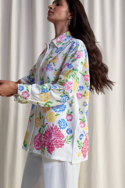 LINEN FLORAL CROSS-STITCH EMBROIDERED PANT