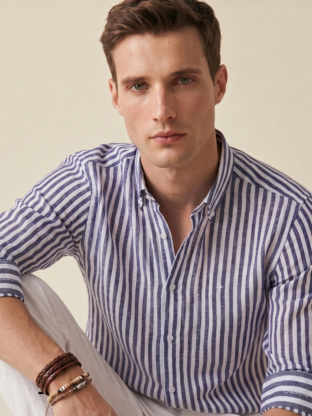 Regular Fit Purple Linen Striped Casual Shirt for Men (LUCID)