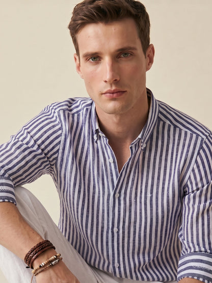 Regular Fit Purple Linen Striped Casual Shirt for Men (LUCID)