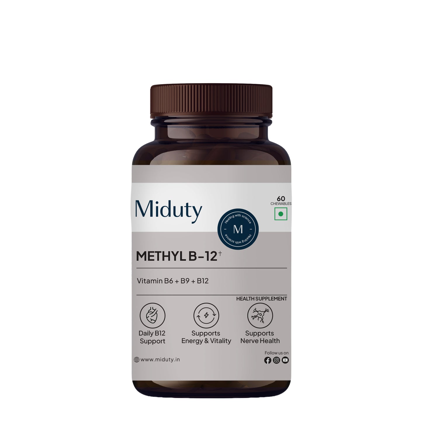 Miduty Vitamin B12 Supplement - Bioactive B-Complex with B6, B9, B12 - Daily Energy Support - Triple Formula for Mood, Brain & Nerve Support - Fast Absorbing Chewable - 60 Veg Tablets