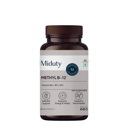 Miduty Vitamin B12 Supplement - Bioactive B-Complex with B6, B9, B12 - Daily Energy Support - Triple Formula for Mood, Brain & Nerve Support - Fast Absorbing Chewable - 60 Veg Tablets