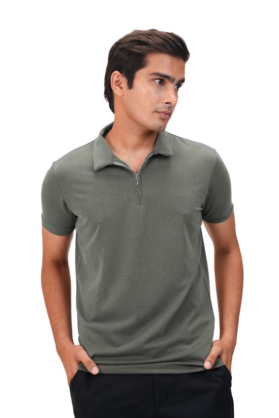 Suede Zipper Polo- Military Olive