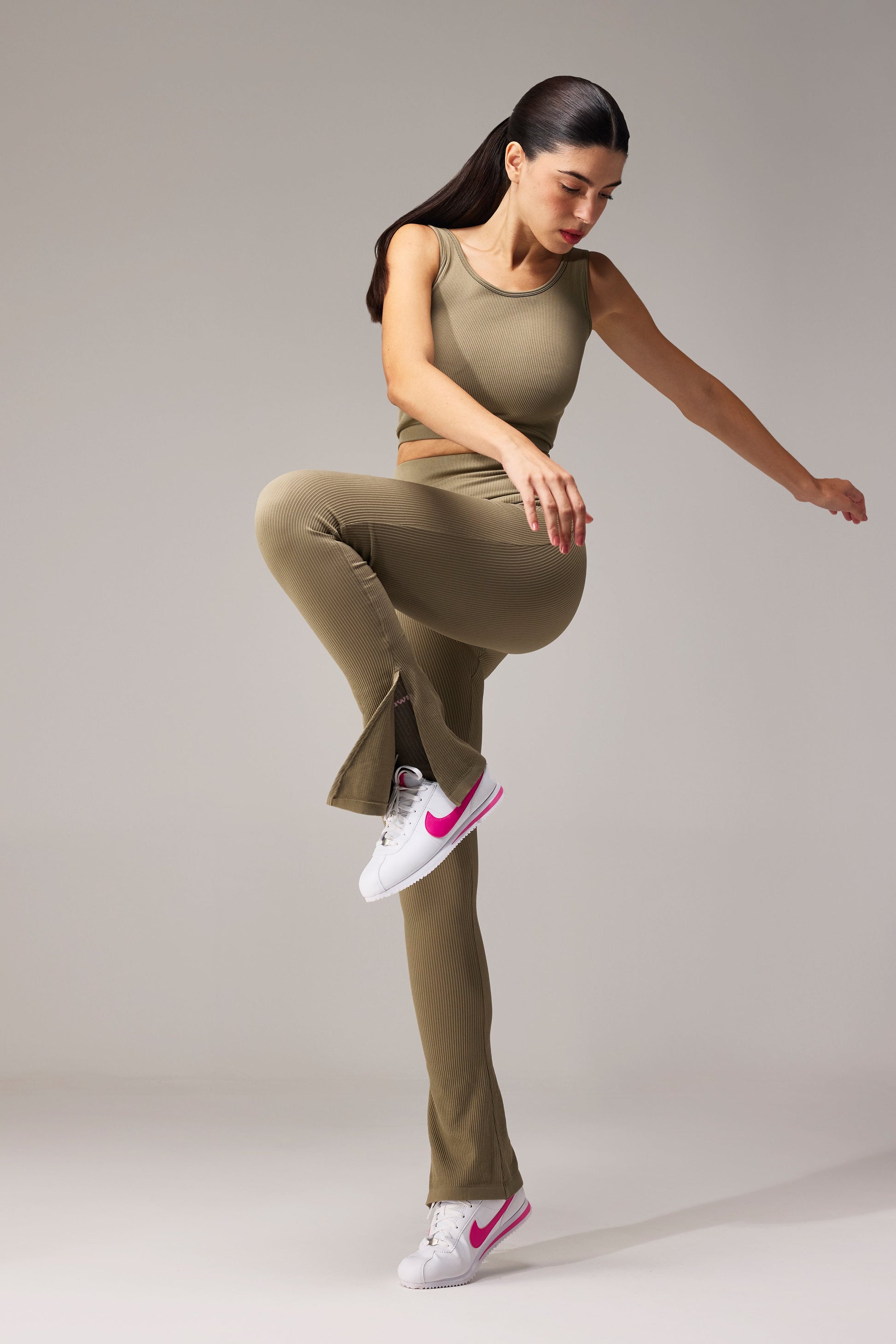 SEAMLESS FLARE PANTS WITH SLIT - LALA GREEN | LALAFLOWER at Broadway