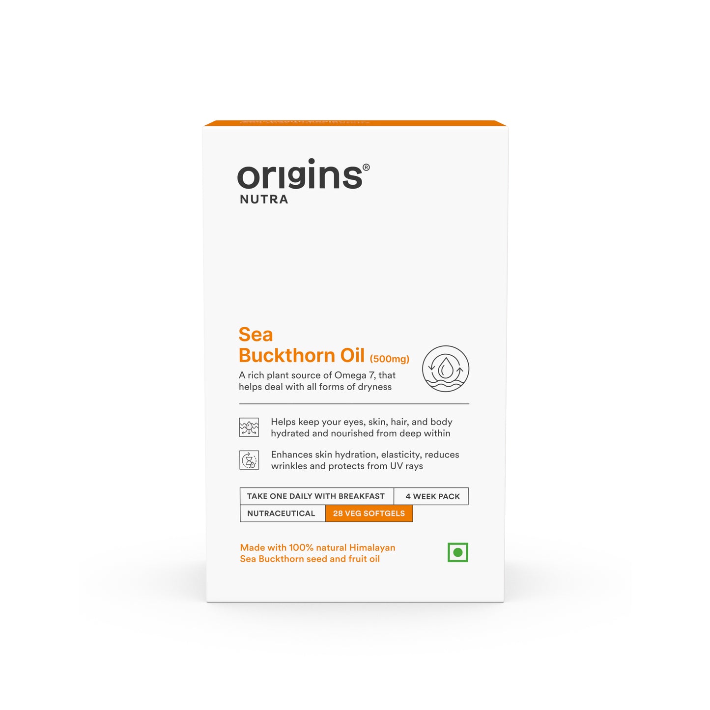 Origins Nutra Sea Buckthorn Oil |Reduce Wrinkles & Pigmentation, Supports Skin Hydration & Elasticity | Sea Buckthorn Oil | GMP Certified | For Men & Women | 28 Capsules.