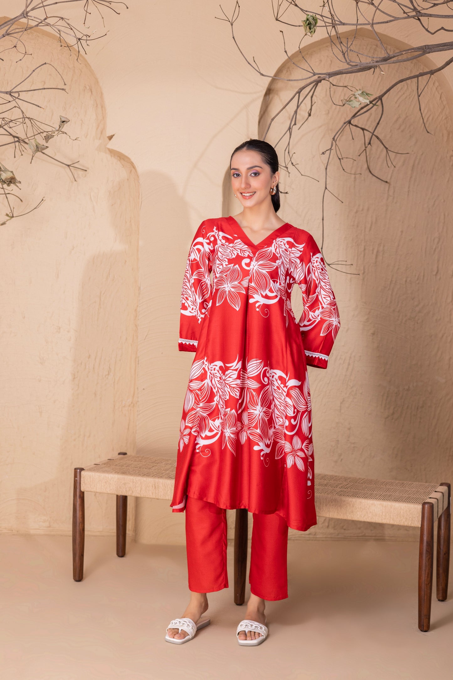 RED FLORAL PRINTED KURTA SET