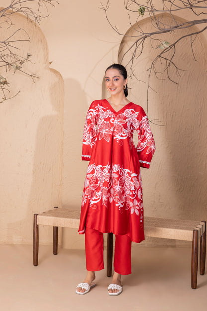 RED FLORAL PRINTED KURTA SET