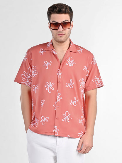 Box-Fit Floral Bloom Linen Shirt in Coral