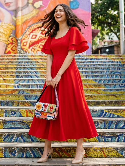 Stretchable Ruffled Sleeve Fit & Flare Dress