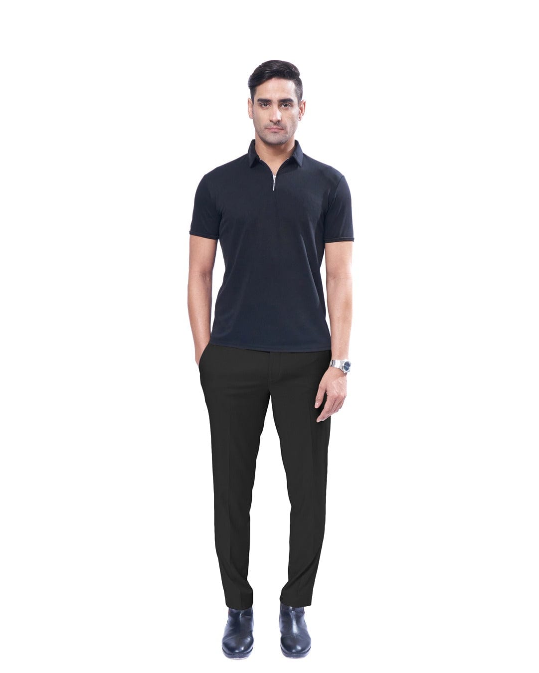 Suede Zipper Polo- Pitch Black
