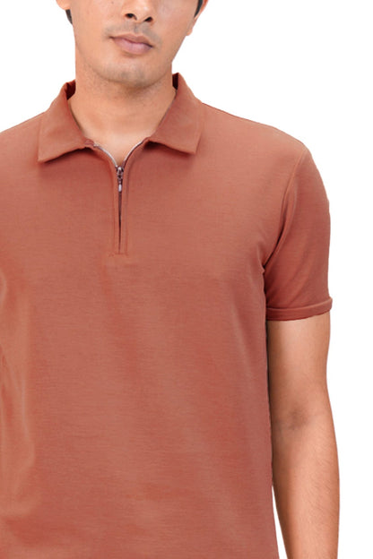 Suede Zipper Polo- Sunset Rust