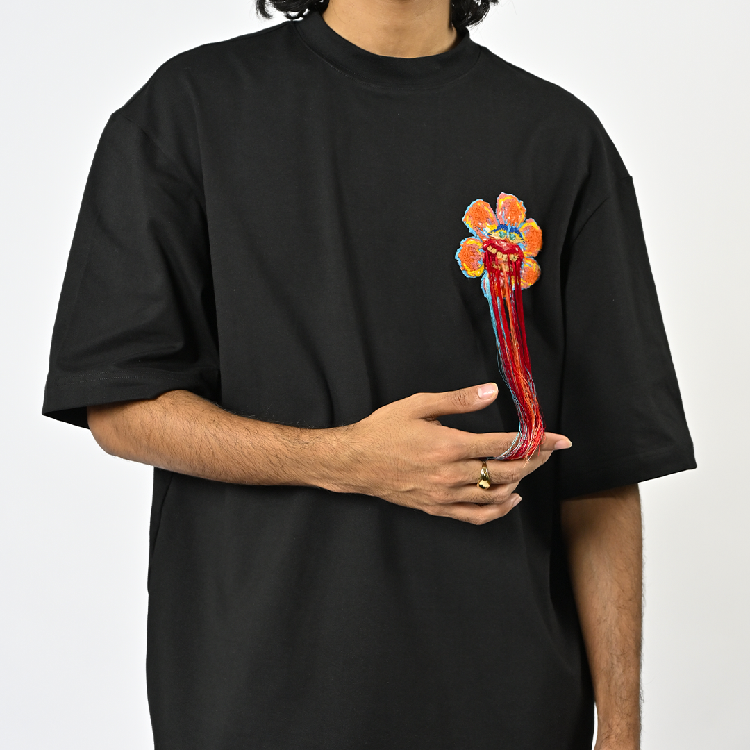 Hand-embroidered floral t-shirt (Black) | Huemn at Broadway