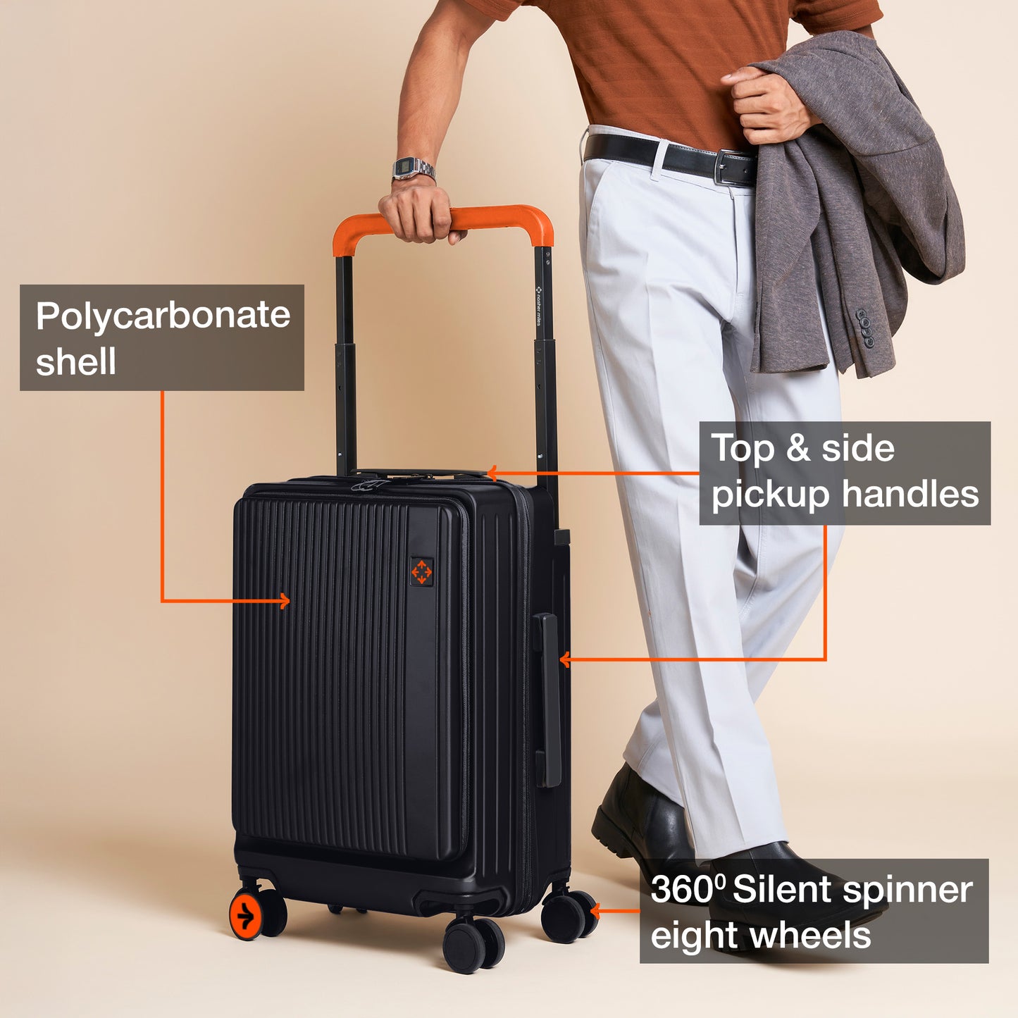 Nasher Miles Silicon Valley Hard-Sided Polycarbonate Cabin Wide Telescopic Handle Luggage with Laptop Compartment Black 20 inch |55 Trolley Bag