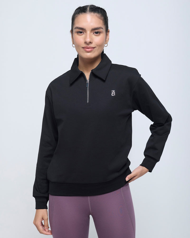 Essential Polo Neck Sweatshirt - 1/4th Zipper | Hunnit at Broadway