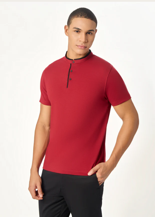 The Deep Red Suede-Detail Band Collar Shirt