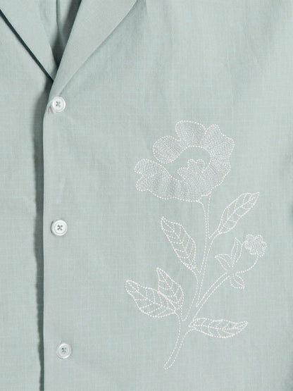 Botanic Bloom Box-Fit Embroidered Linen Shirt in Baby Blue
