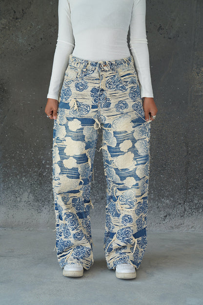 DISTRESSED FLORAL FABRIC VALKYRE JEANS