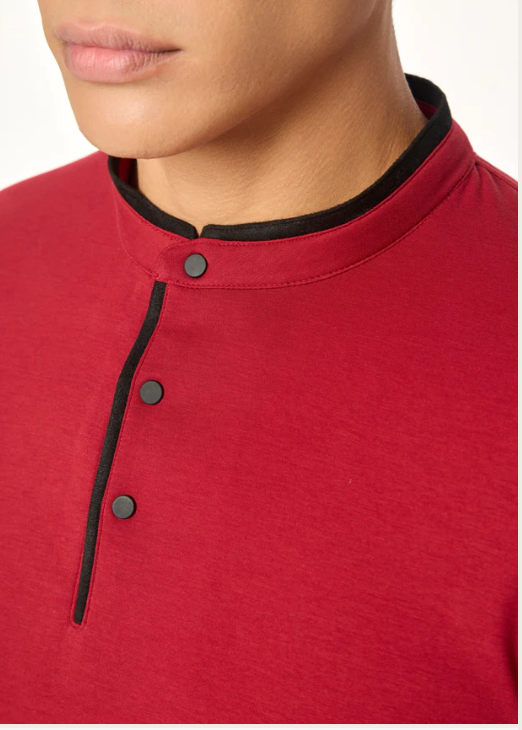 The Deep Red Suede-Detail Band Collar Shirt