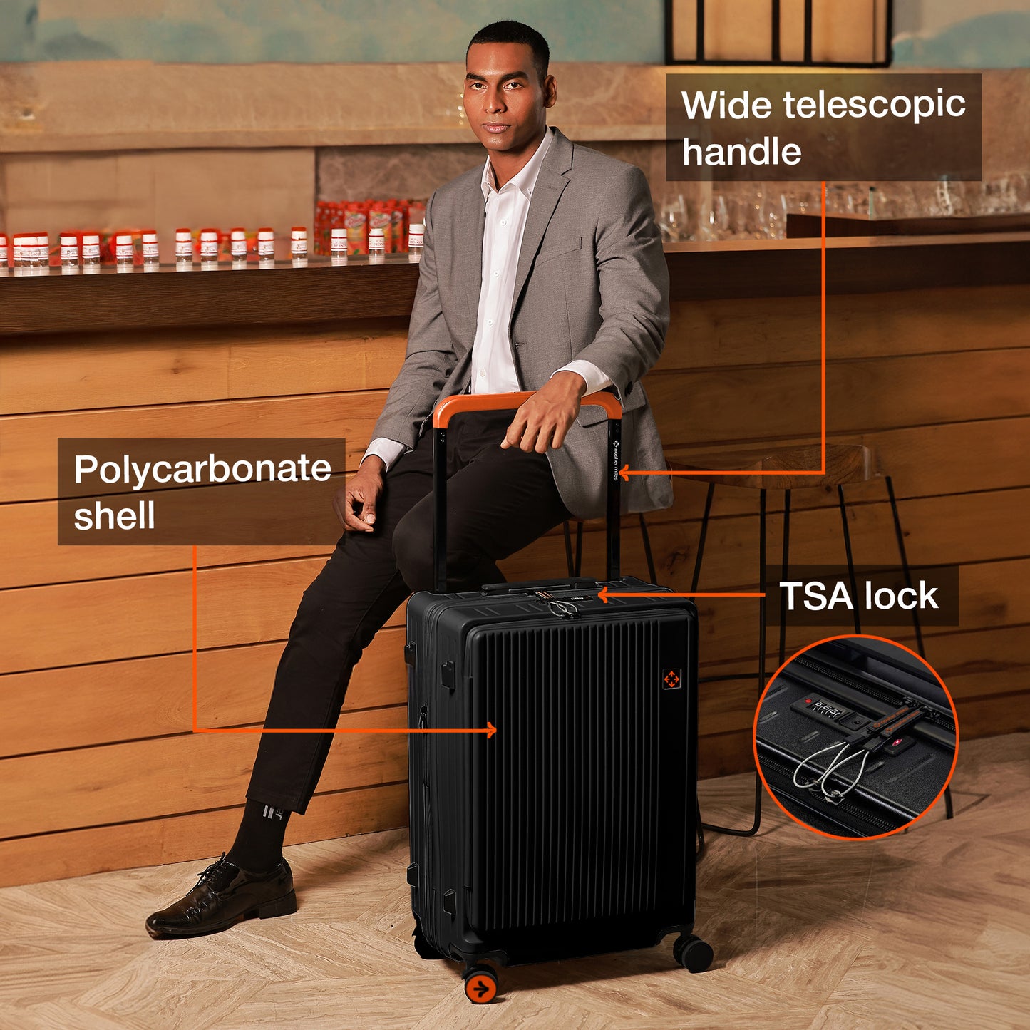 Nasher Miles Silicon Valley Expander Hard-Sided Polycarbonate Wide Telescopic Handle Front Opening Check-In Luggage Black 24 inch |65 Trolley Bag