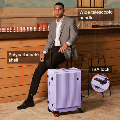 Nasher Miles Silicon Valley Expander Hard-Sided Polycarbonate Wide Telescopic Handle Front Opening Check-In Luggage Purple 24 inch |65 Trolley Bag
