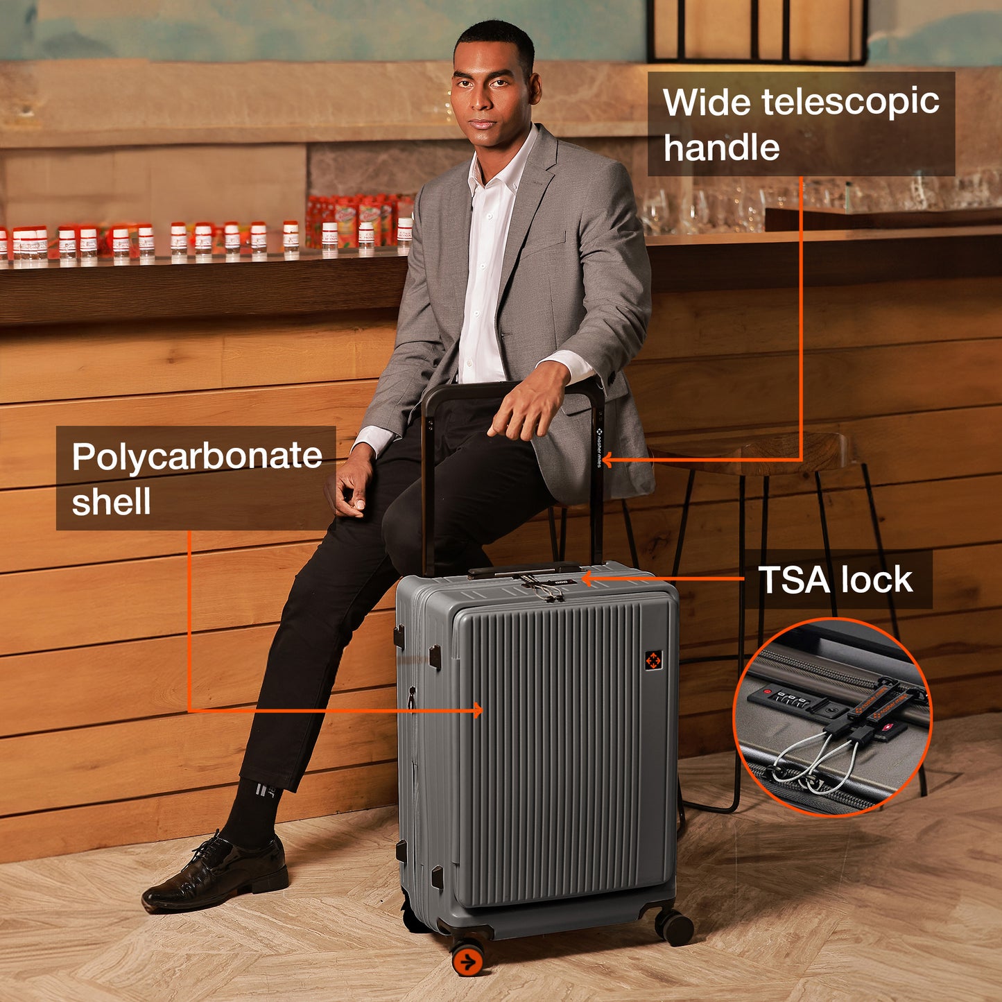 Nasher Miles Silicon Valley Expander Hard-Sided Polycarbonate Wide Telescopic Handle Front Opening Check-In Luggage Copper Silver 24 inch |65 Trolley Bag