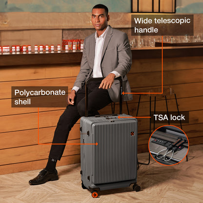 Nasher Miles Silicon Valley Expander Hard-Sided Polycarbonate Wide Telescopic Handle Front Opening Check-In Luggage Copper Silver 24 inch |65 Trolley Bag