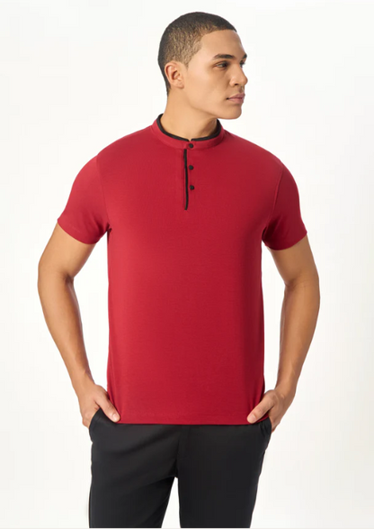 The Deep Red Suede-Detail Band Collar Shirt