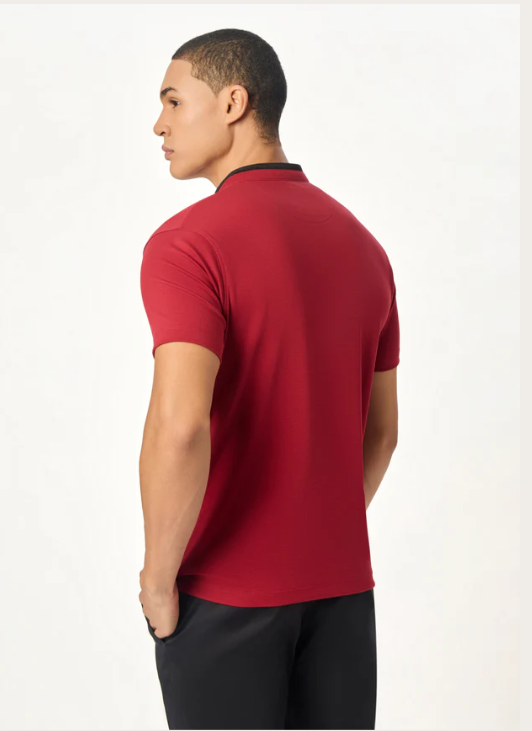 The Deep Red Suede-Detail Band Collar Shirt