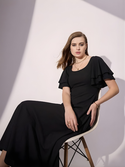 Stretchable Ruffled Sleeve Fit & Flare Dress