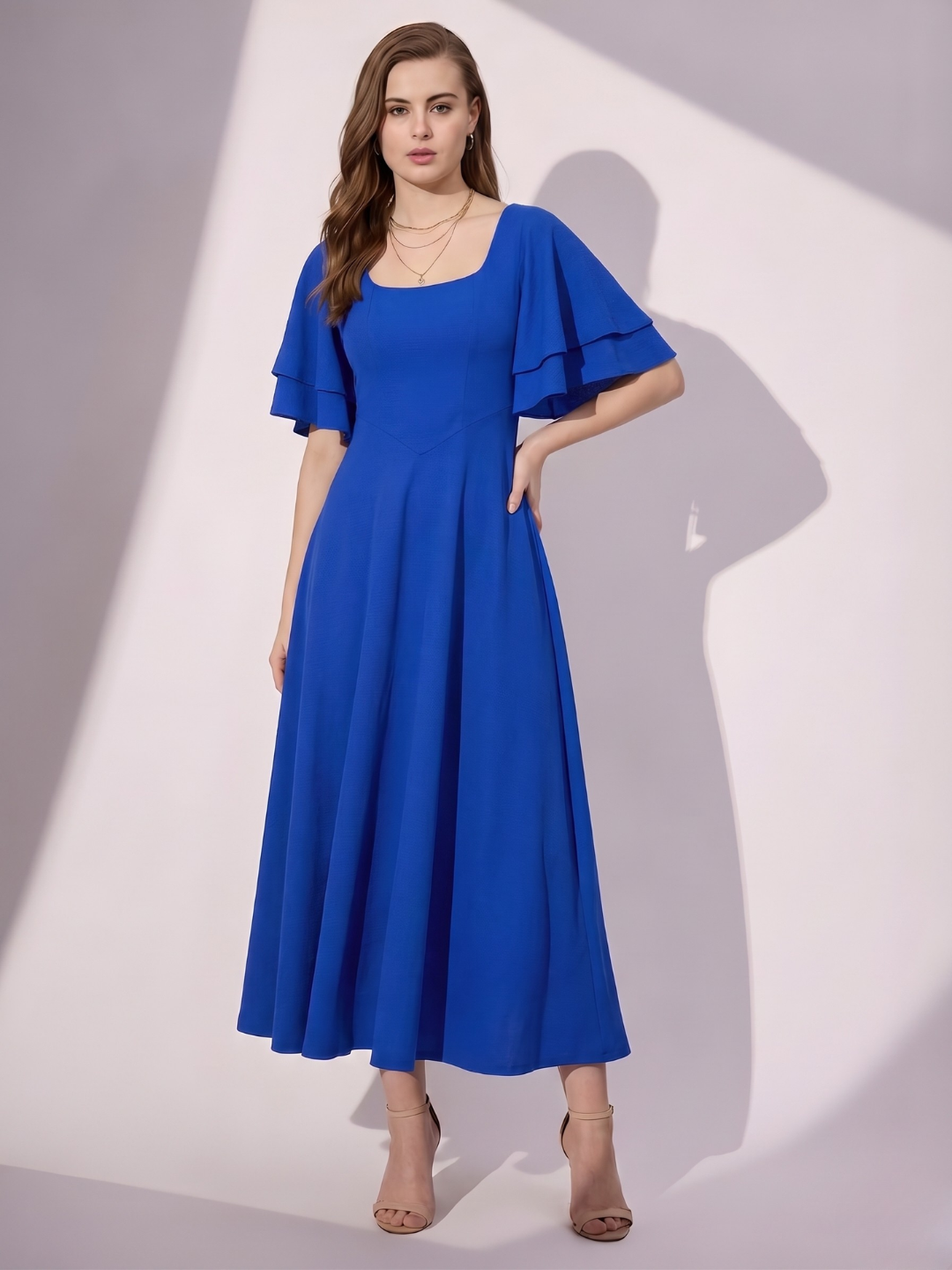 Stretchable Ruffled Sleeve Fit & Flare Dress