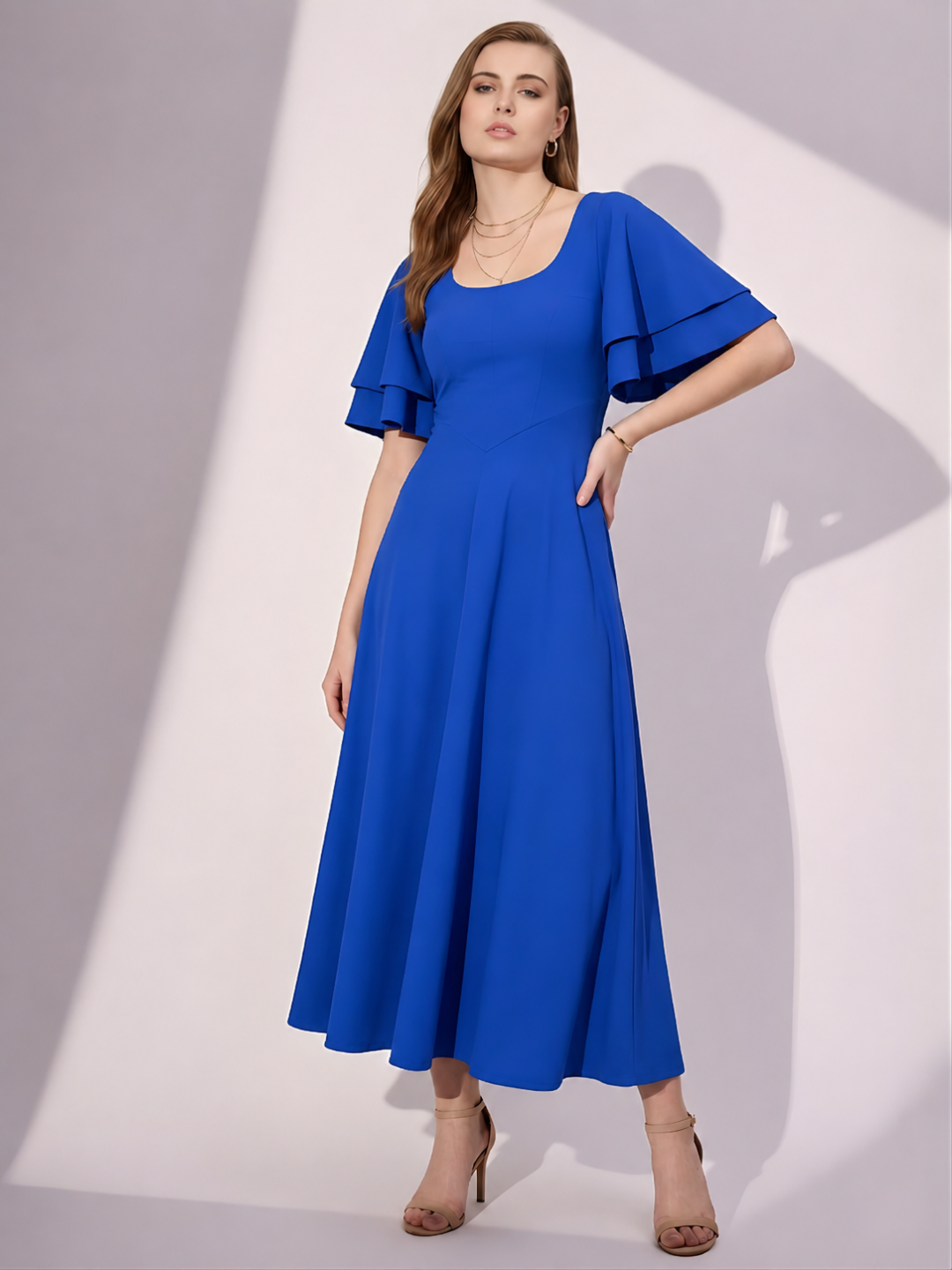Stretchable Ruffled Sleeve Fit & Flare Dress