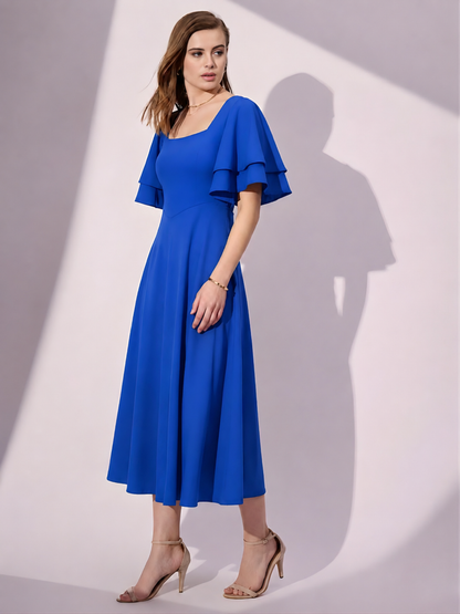 Stretchable Ruffled Sleeve Fit & Flare Dress