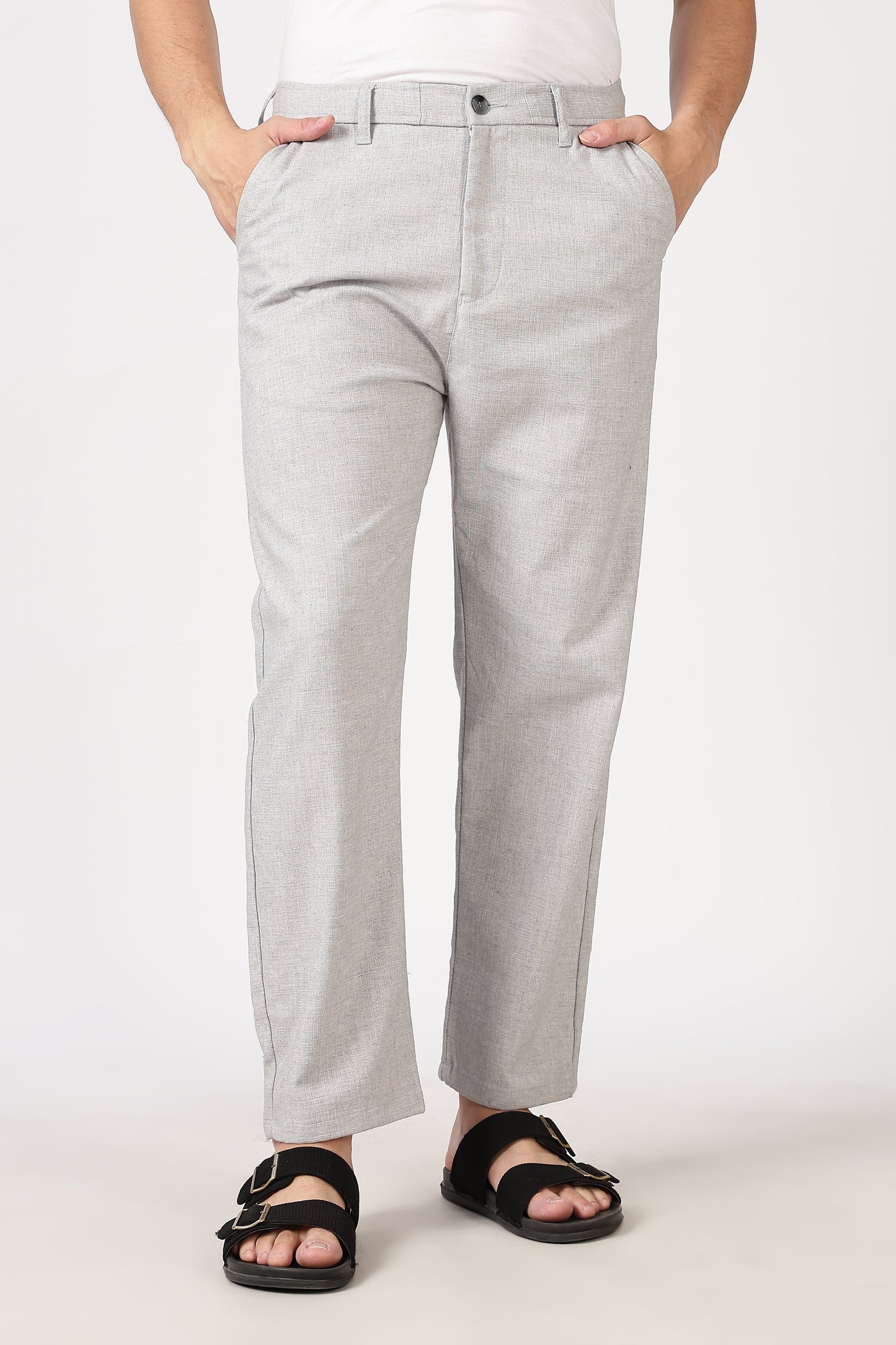 Linen-Style 100% Cotton Straight Fit Light Grey Textured Pant