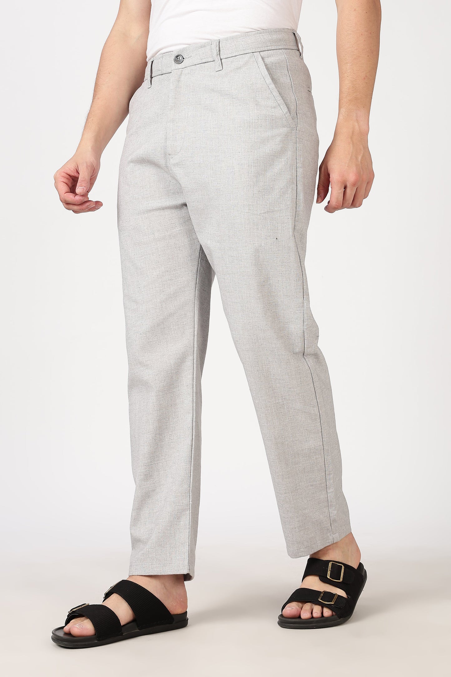 Linen-Style 100% Cotton Straight Fit Light Grey Textured Pant