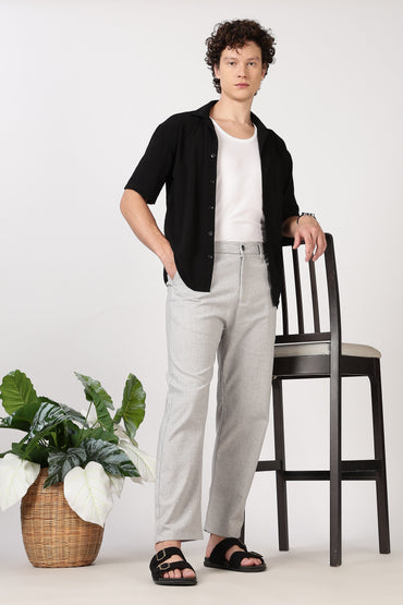 Linen-Style 100% Cotton Straight Fit Light Grey Textured Pant