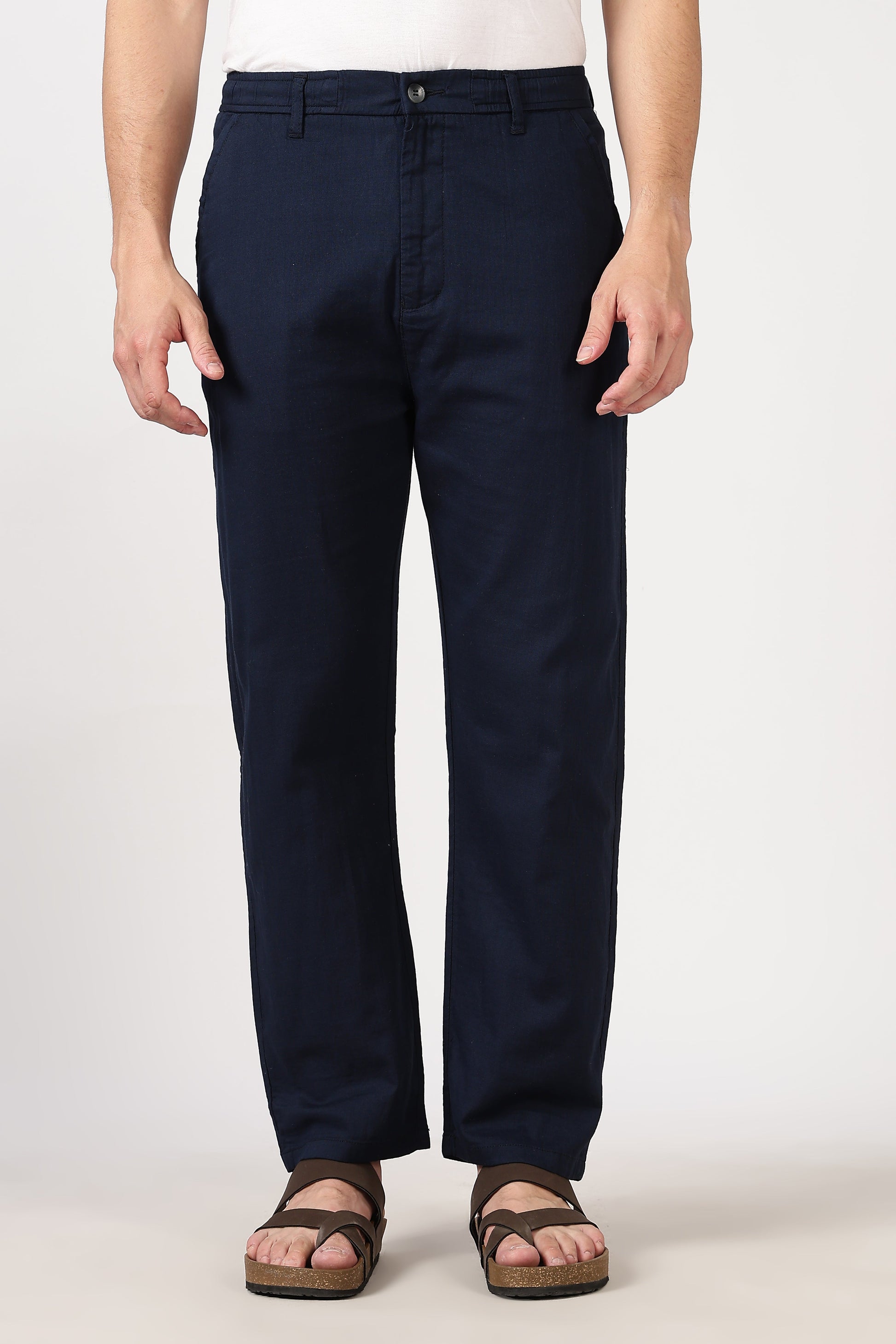 Linen-style 100% Cotton Straight Fit Navy Blue Pant | Hamptons at Broadway