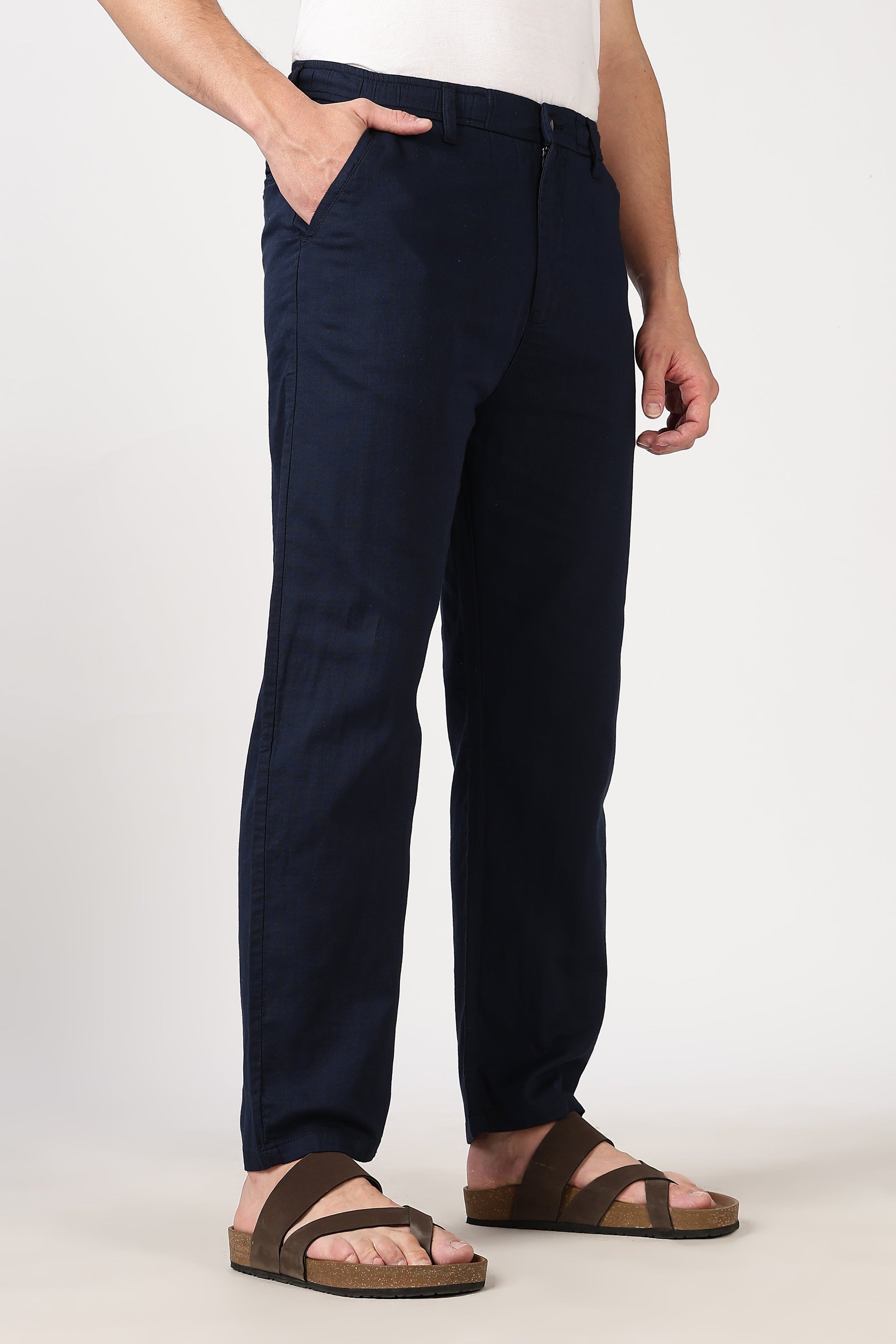 Linen-style 100% Cotton Straight Fit Navy Blue Pant | Hamptons at Broadway