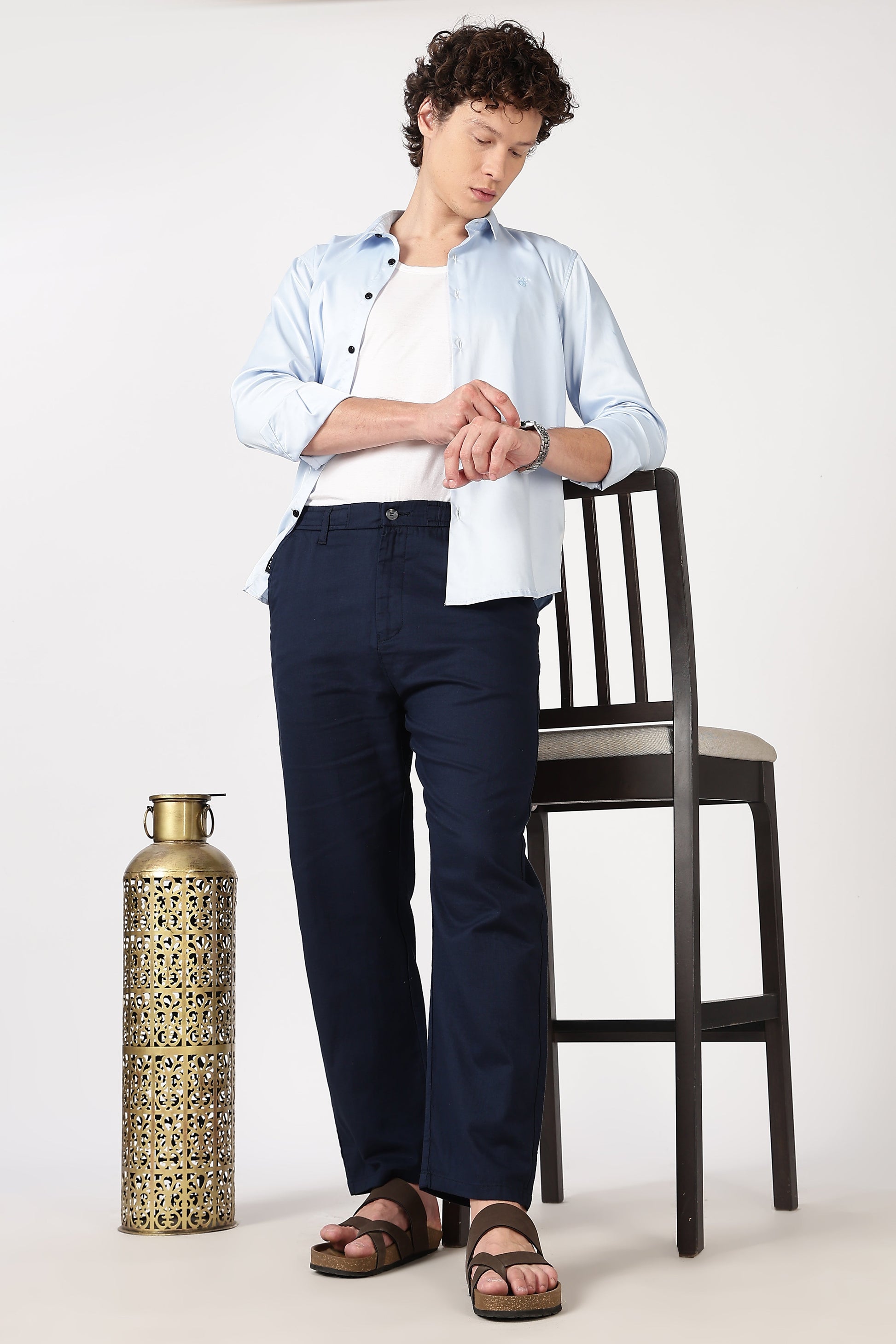 Linen-style 100% Cotton Straight Fit Navy Blue Pant | Hamptons at Broadway