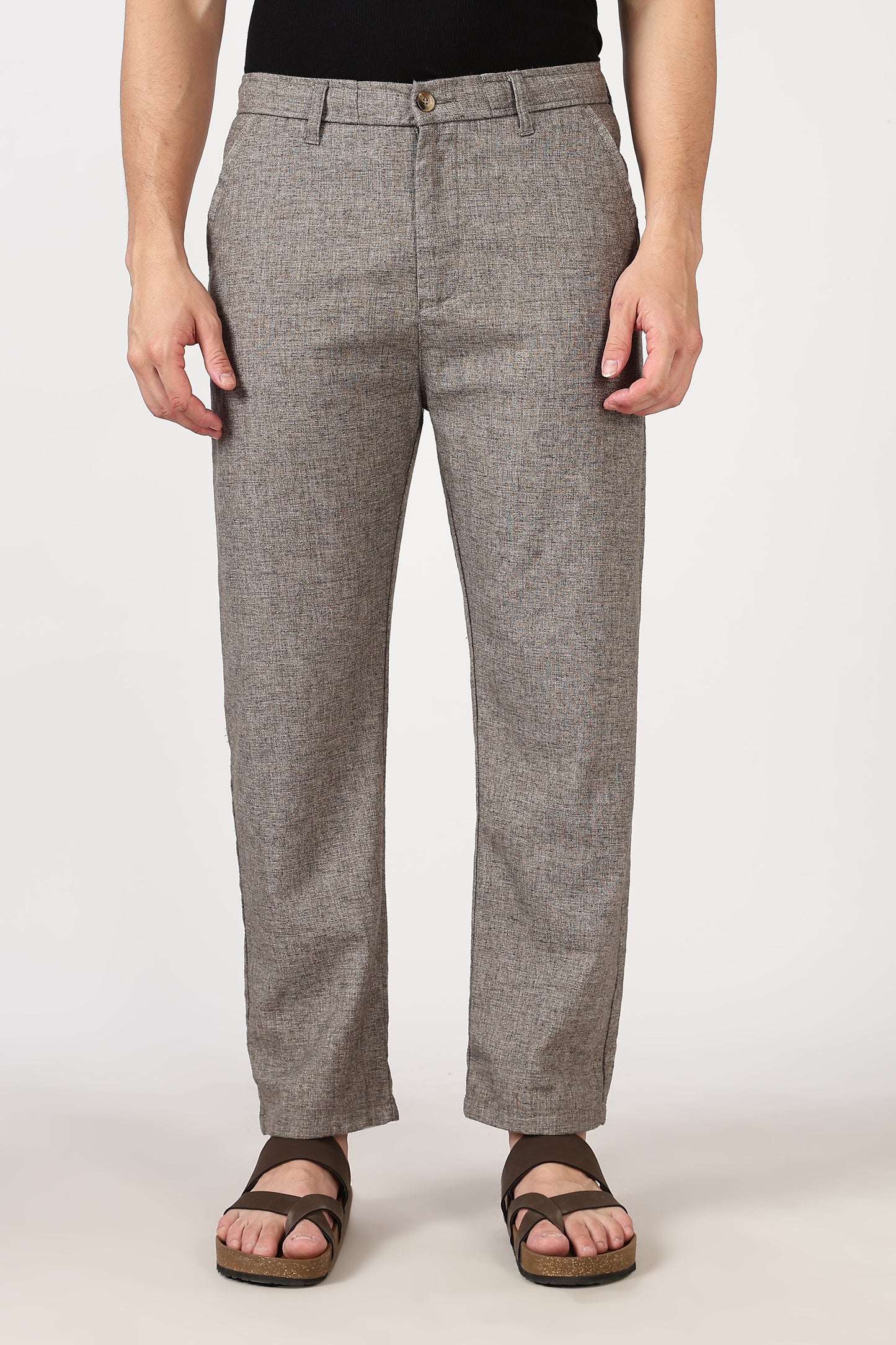 Linen-Style 100% Cotton Straight Fit Brown Textured Pant