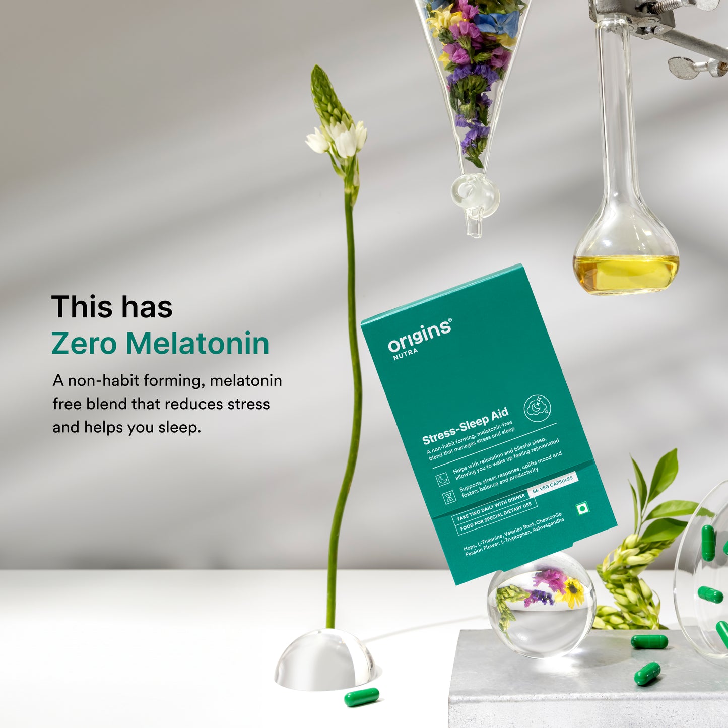 Origins Nutra Stress-Sleep Aid Capsules| Melatonin Free| Non-Habit forming| Calmer mind & Restfull sleep| GMP Certified |Non-GMO |For Men & Women| 56 Capsules 4 Week