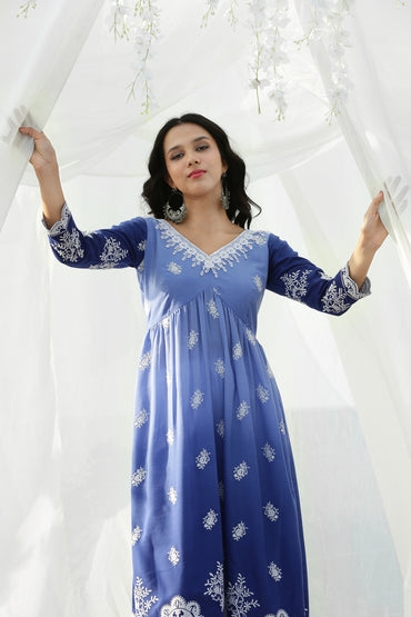 Blue Ombre Scallop Embroidered Kurta Set