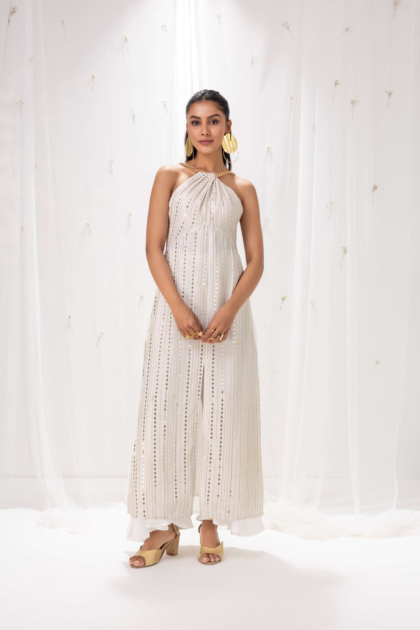 White and gold sequence embroidered Kurta set