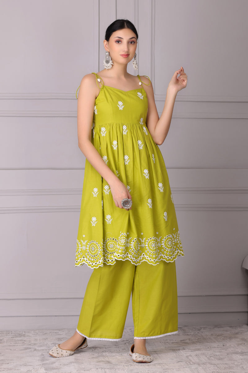 Lime Floral Halter Embroidered Kurta Set