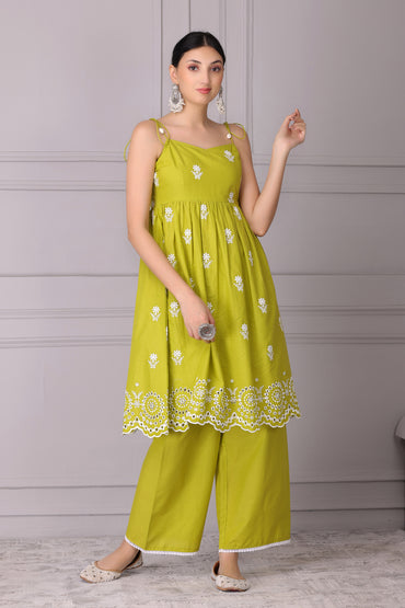 Lime Floral Halter Embroidered Kurta Set