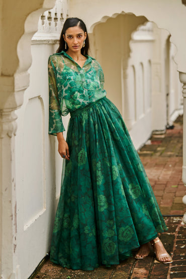 PRINTED ORGANZA MAXI SKIRT SET