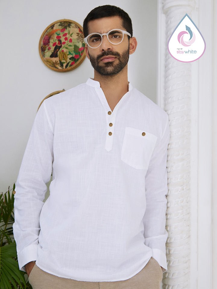 Vedic White Solid V-Neck Mau Collar Shirt