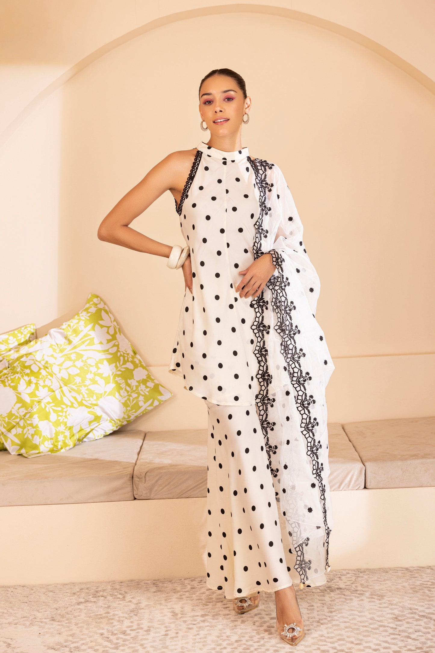 BLACK POLKA DOT SET WITH EMBROIDERED ORGANZA DUPATTA