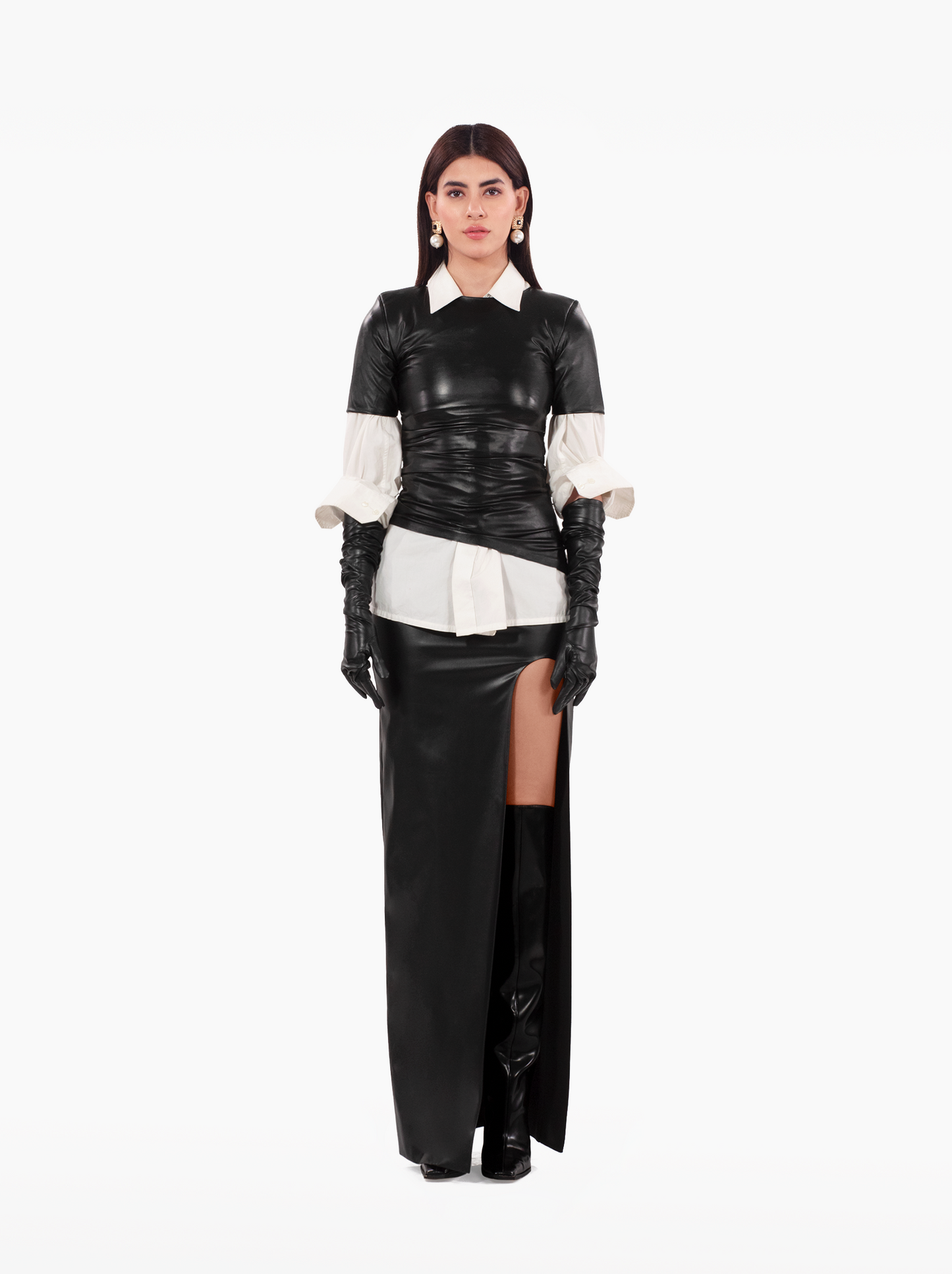 All Day and Night T-Shirt – black faux leather gathered tshirt top with shoulder pads and asymmetric hem by SOLÉITE