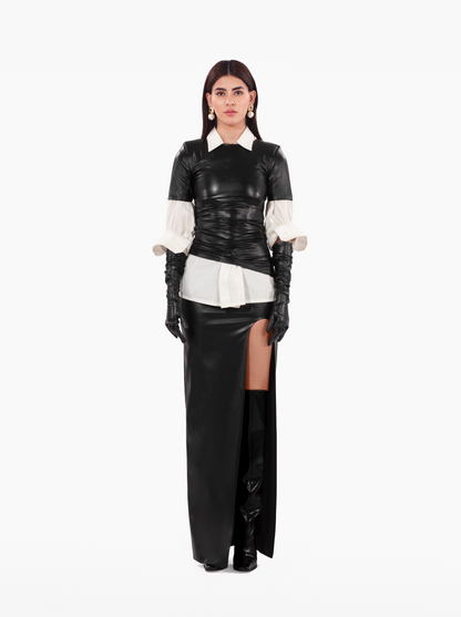 All Day and Night T-Shirt – black faux leather gathered tshirt top with shoulder pads and asymmetric hem by SOLÉITE