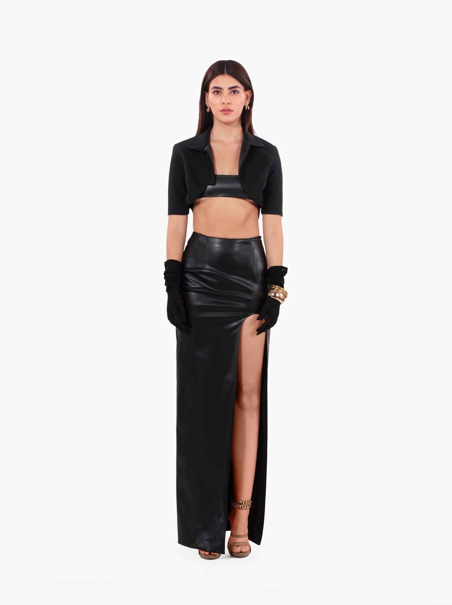 brooklyn baby skirt - black faux leather asymmetric skirt with u-cut side slit. high waisted fitted skirt by SOLÉITE